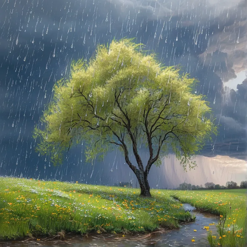 Lone Tree in Rainstorm