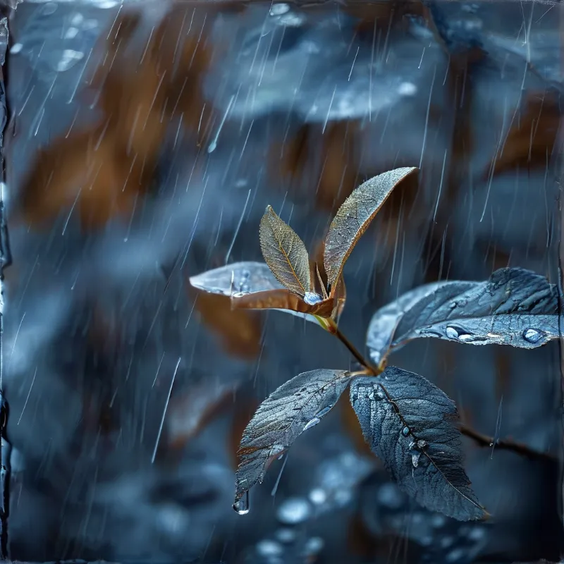 Glossy leaves beaded with rain hang in focus while streaks of downpour blur the shadowy surroundings