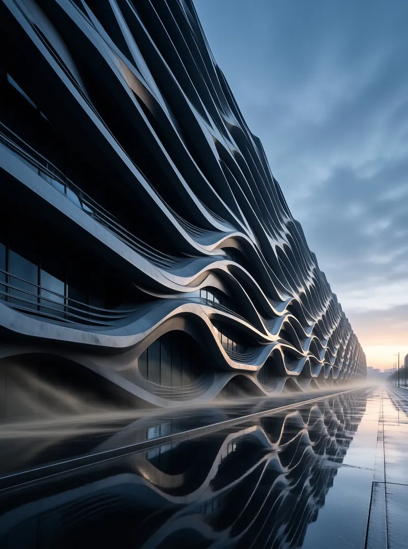 Sculpted wavy concrete building runs along a misty dusk street, its forms mirrored in wet pavement to the horizon.