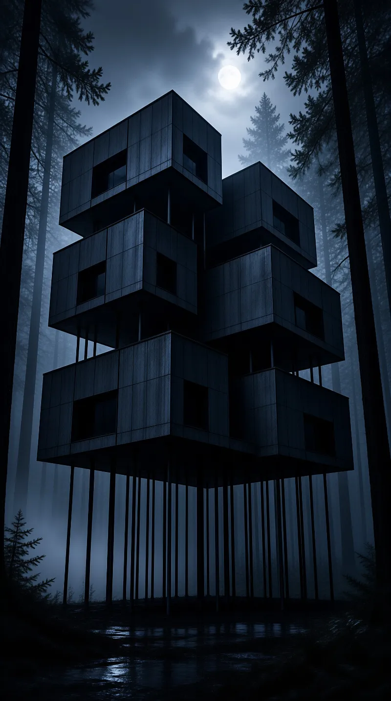 A dark modular building balances on thin columns among foggy pines beneath a glowing full moon.