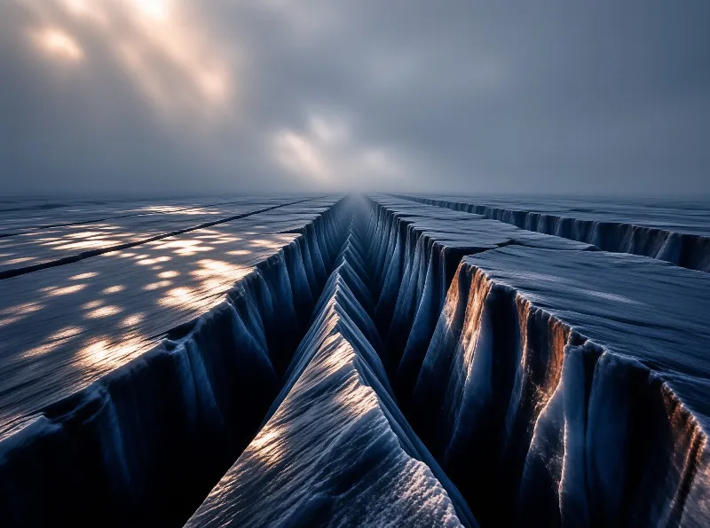 Sharp geometric ridges of frozen water stretch toward a misty horizon while bright sunbeams pierce the overcast sky.