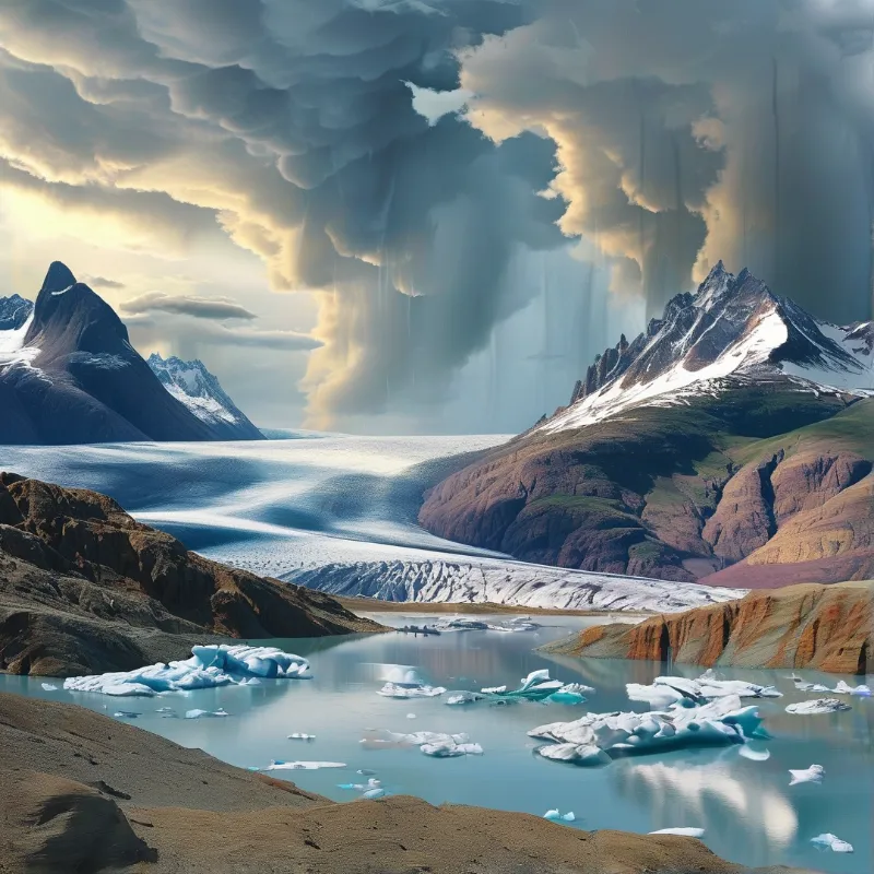Massive glacier flows between mountains towards a lake filled with blue icebergs under a dramatic cloudy sky.