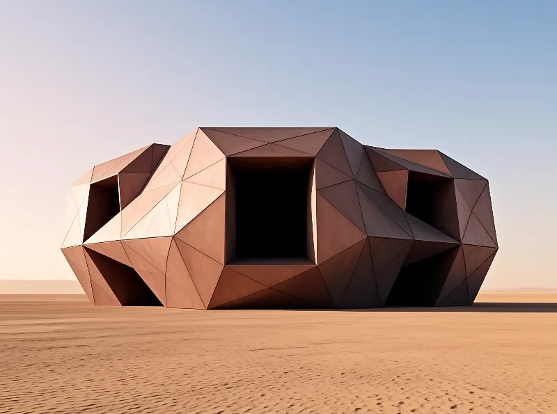 A massive low poly sculpture rests on flat desert ground illuminated by warm sunlight from the left.