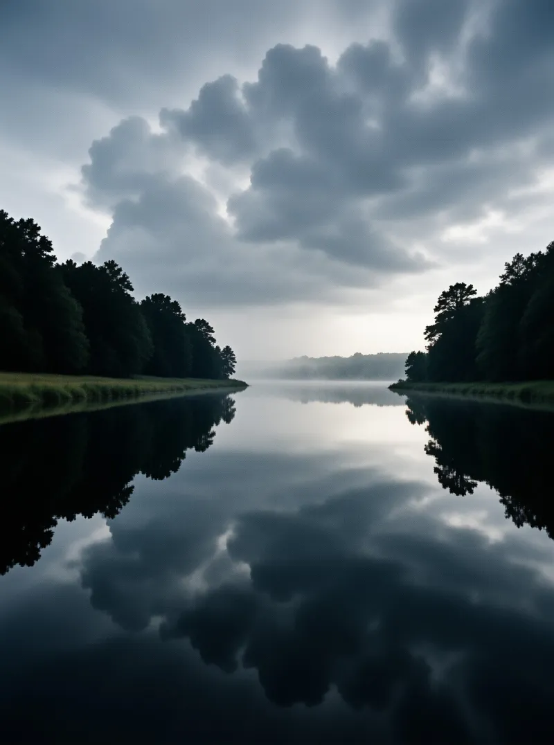 A still river framed by dark forested banks reflects a heavy overcast sky with soft pale light glowing on the horizon