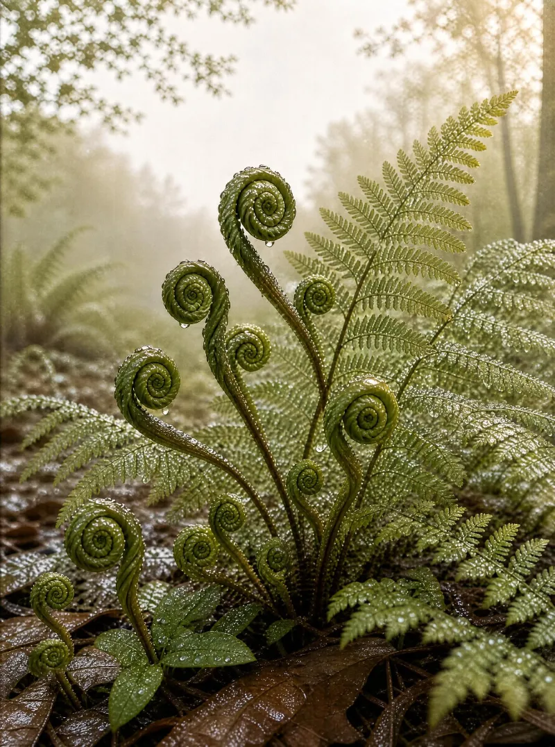 Fern fiddleheads with water droplets in a misty forest, surrounded by green and brown foliage on the ground.