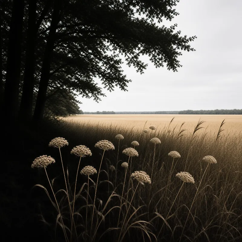 Tall dried wildflowers stand in the shadowed foreground before a wide field of golden grass and distant trees.