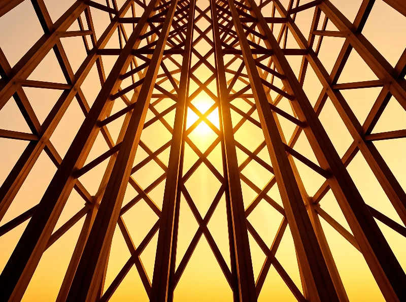 Looking straight up through the dark steel lattice framework of a tall tower toward a brilliant sun glowing in an orange sky