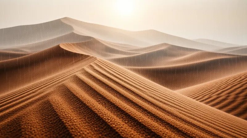 Rolling ochre sand dunes stretch to a hazy desert horizon under soft pale sunlight, with fine rain streaks falling across textured foreground slopes.