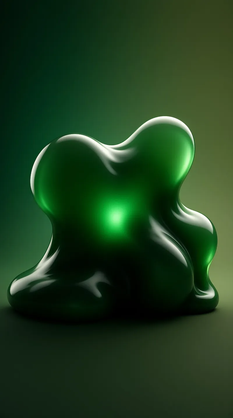 A glossy amorphous green shape rests on a dark surface illuminated by bright overhead light.