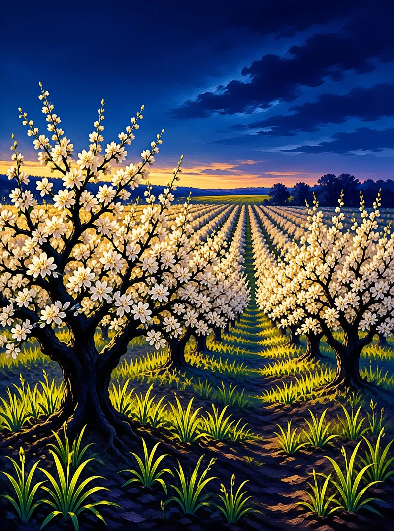 Rows of white flowering trees stand illuminated in a green orchard beneath a deep blue twilight sky.
