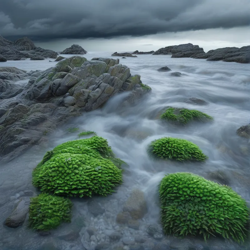 Bright green moss grows on submerged rocks along a rocky coast where silvery water flows under dark storm clouds.