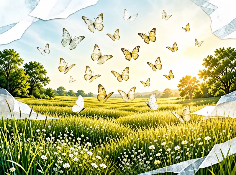 Numerous butterflies drift above a lush field of white flowers and green grass beneath a bright sky.