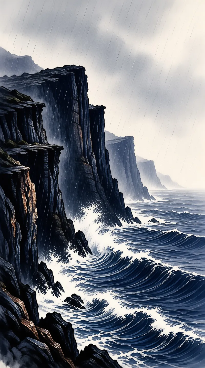 Dark vertical rock formations stand on the left while white foamy waves crash against the base under a grey rainy sky.