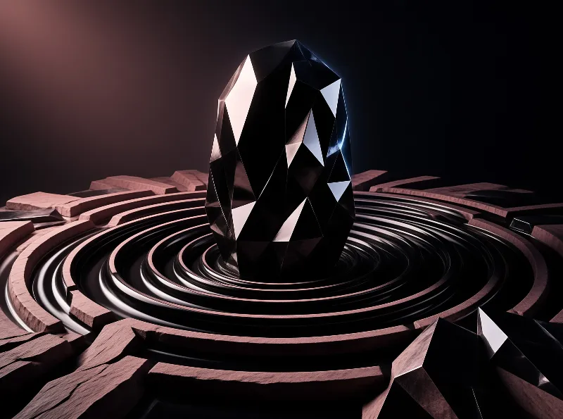 A sharp faceted black crystal stands on a base of concentric rings under dramatic pink and blue lighting.