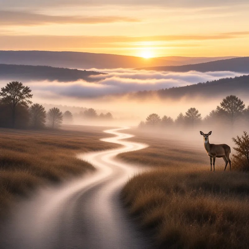 A deer stands on a grassy bank watching a smooth winding river flow through a foggy valley during sunrise.