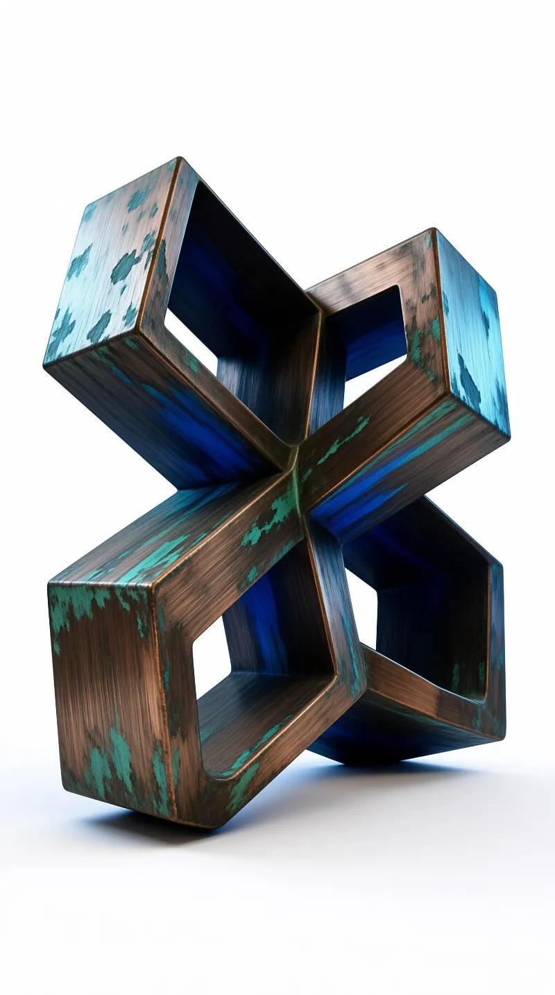 A three-dimensional bronze structure with blue-green patina and deep blue inner channels rests on a clean white surface.