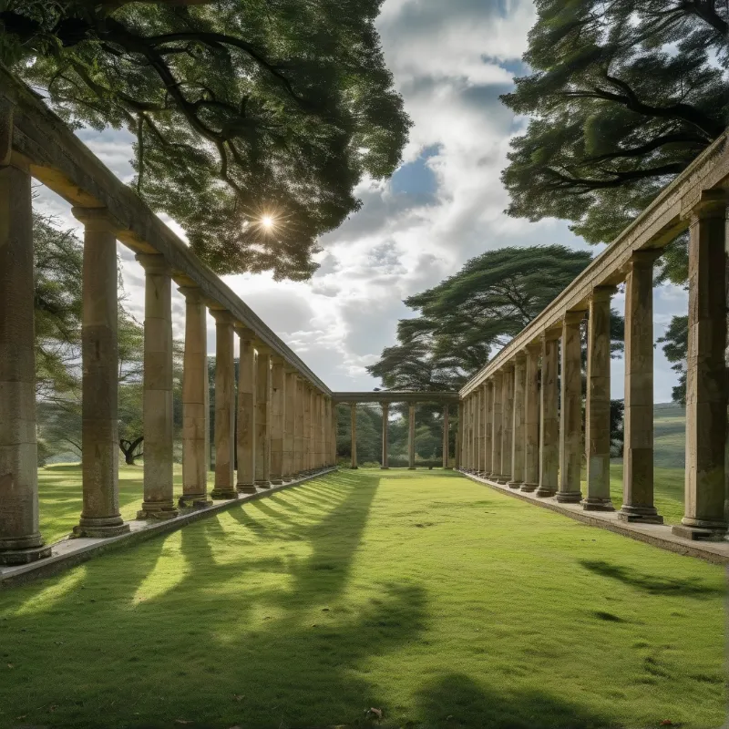 A long stone colonnade runs through sunlit green parkland, tall pines frame the view, sunlight through the trees casts long shadows of the columns on the grass.
