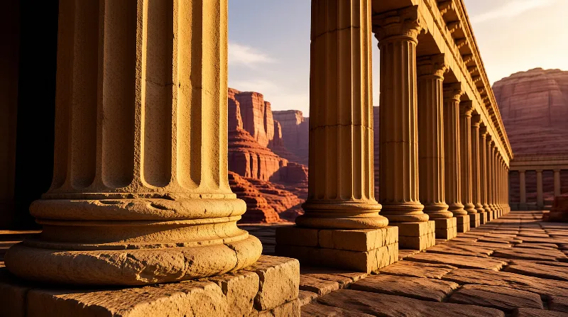 Sun-warmed classical columns line a stone walkway framing distant red rock mesas under a pale desert sky.