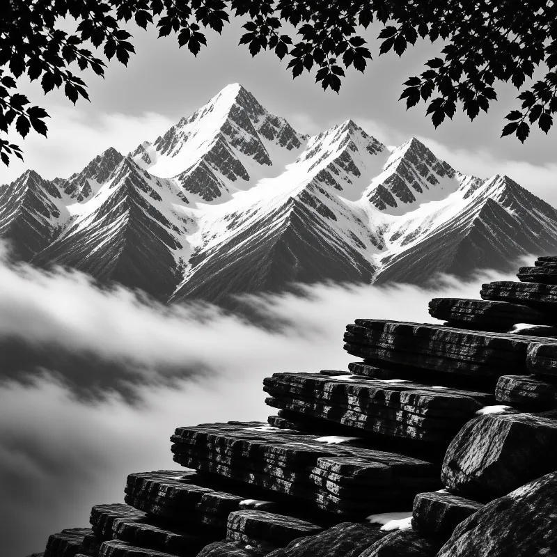 Jagged white summits tower above a slow river of mist, with flat stone slabs and dark leaves framing the foreground.