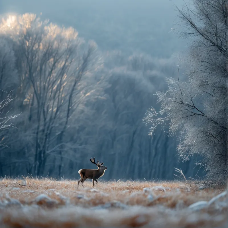 A brown stag with antlers trots across dry grass while thick fog hides the frost-covered trees behind it.