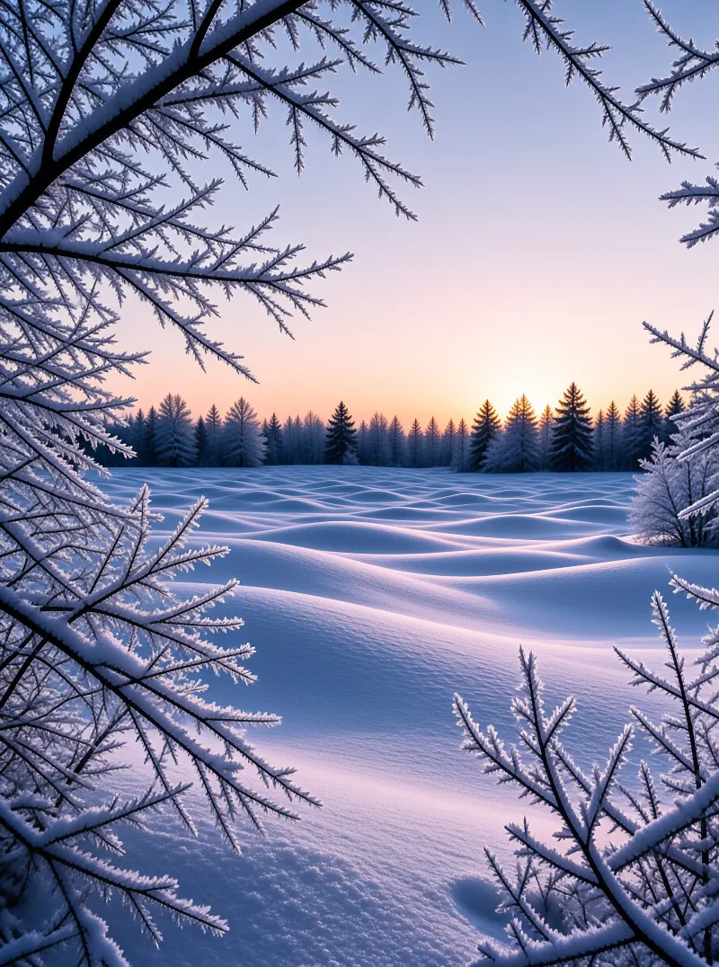 Tree branches covered in ice frame rolling snowdrifts and a distant forest under a colorful twilight sky.