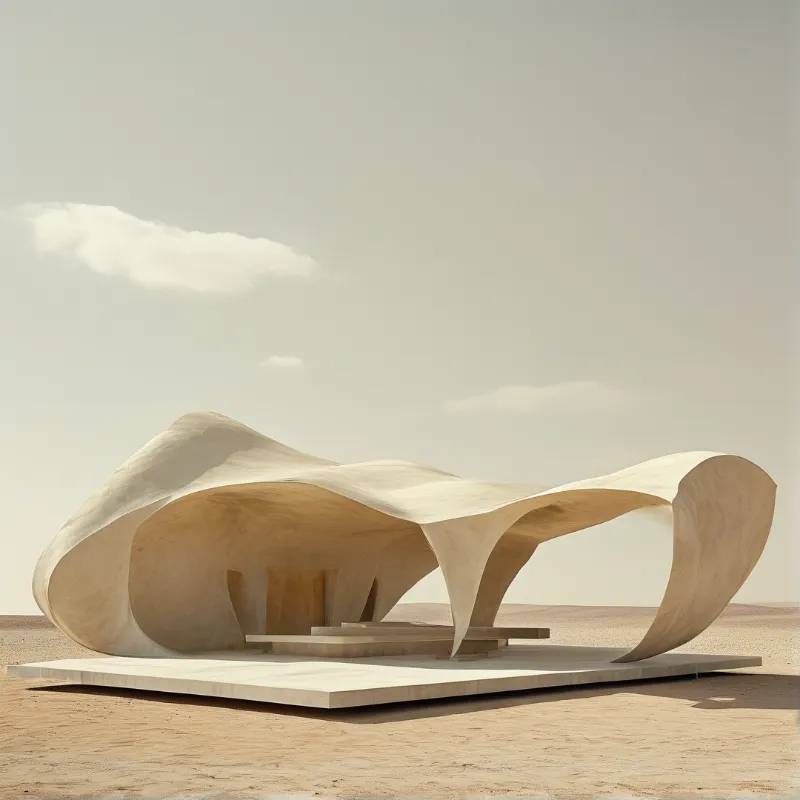 A pale sculpted roof swoops down to the sand in long curves, sheltering stepped platforms under a hazy cloud.