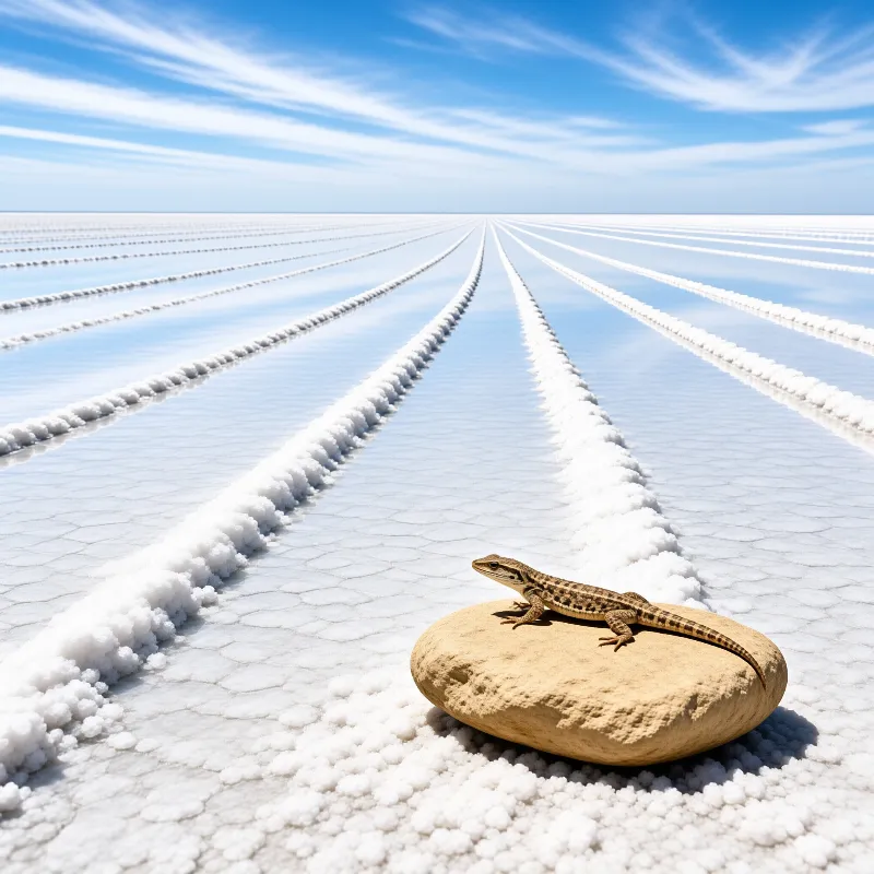 A small lizard sits on a tan rock amidst white salt ridges stretching toward a blue sky.