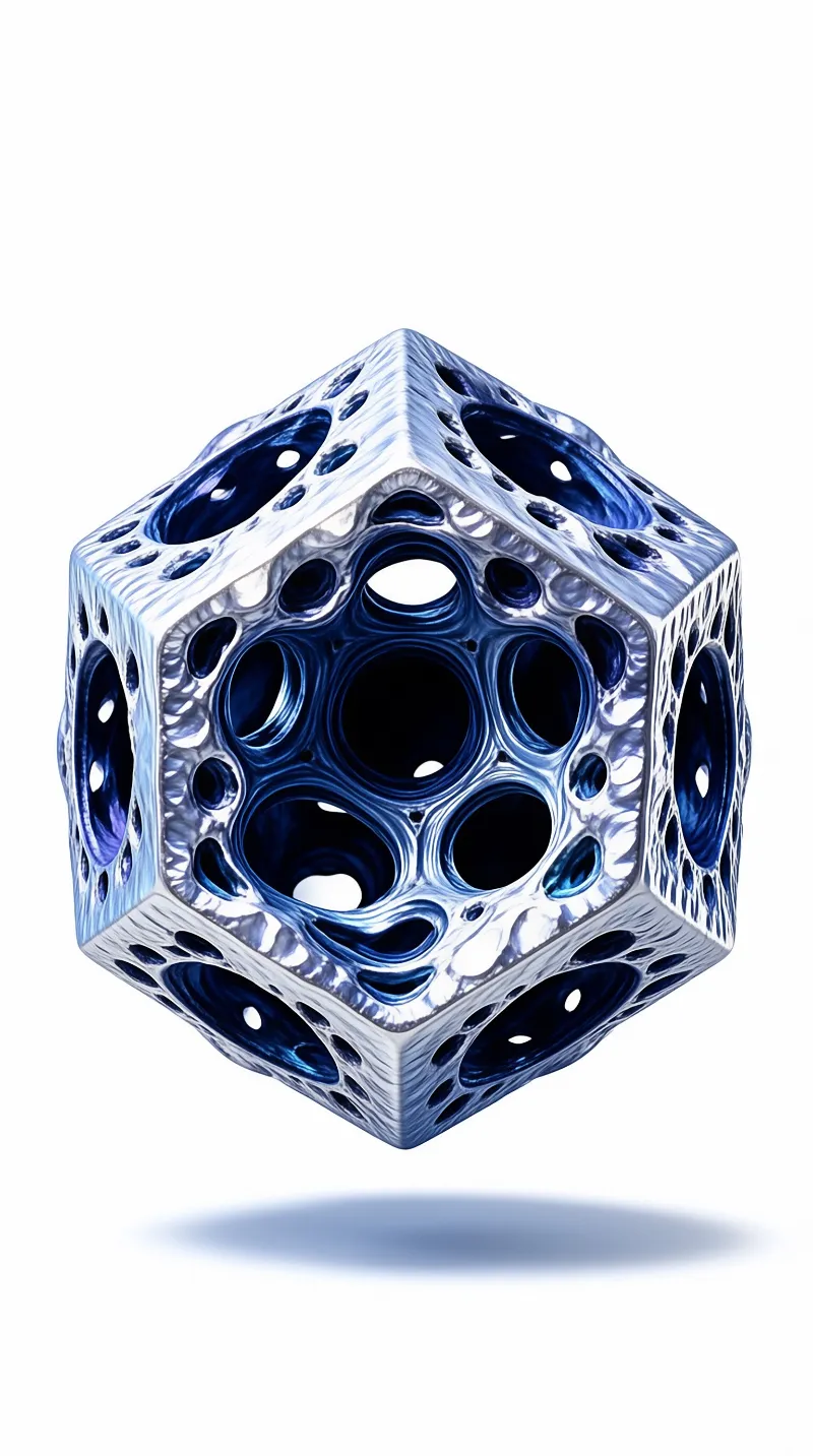 Floating blue and silver geometric cube with a complex porous surface showing deep hollow channels inside.