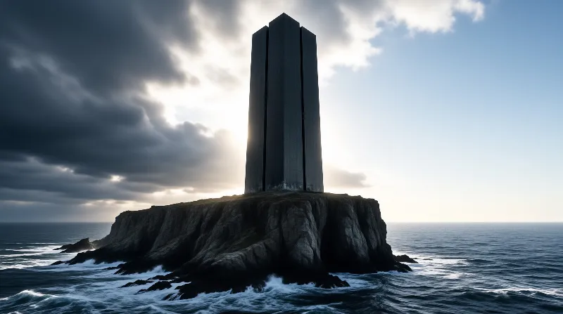 A tall dark tower stands on a rocky island in the ocean under a dramatic cloudy sky.