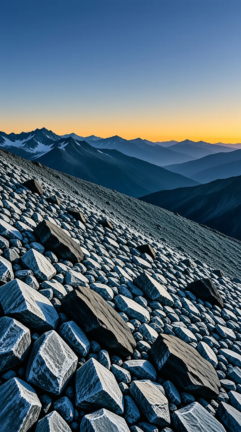 Large angular stones cover a steep slope leading toward distant blue mountains under a warm orange horizon glow.