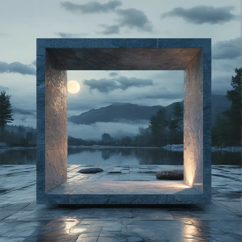 A massive stone cube frame rests on a stone platform, framing a serene lake with misty mountains and a glowing moon visible through its center.
