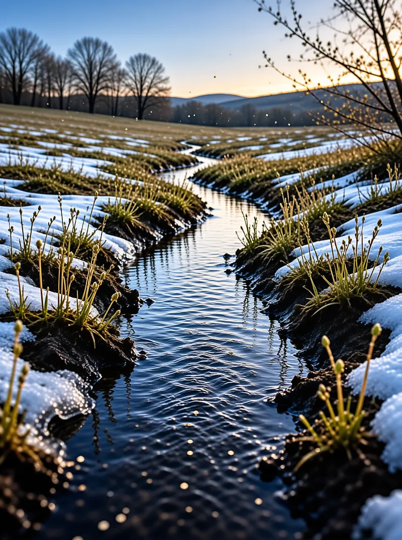 A narrow stream flows through a field of melting snow, catching golden light as it winds toward distant hills and trees.