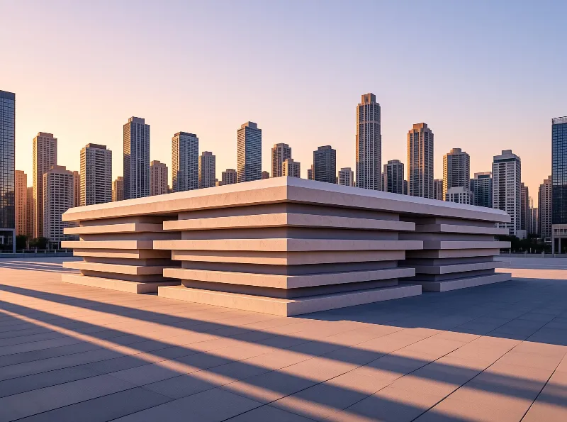 A low building of stacked concrete slabs sits on an open plaza as the city skyline glows at dusk.