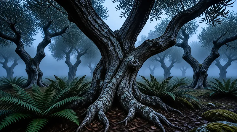 A twisted tree trunk splits into heavy branches above green ferns, with rows of similar trees fading into cold blue mist.