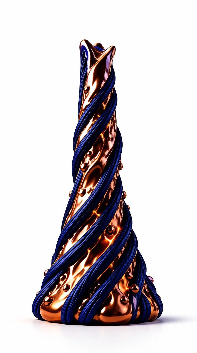 A tall twisted sculpture featuring metallic bronze and deep blue strands against a white backdrop.
