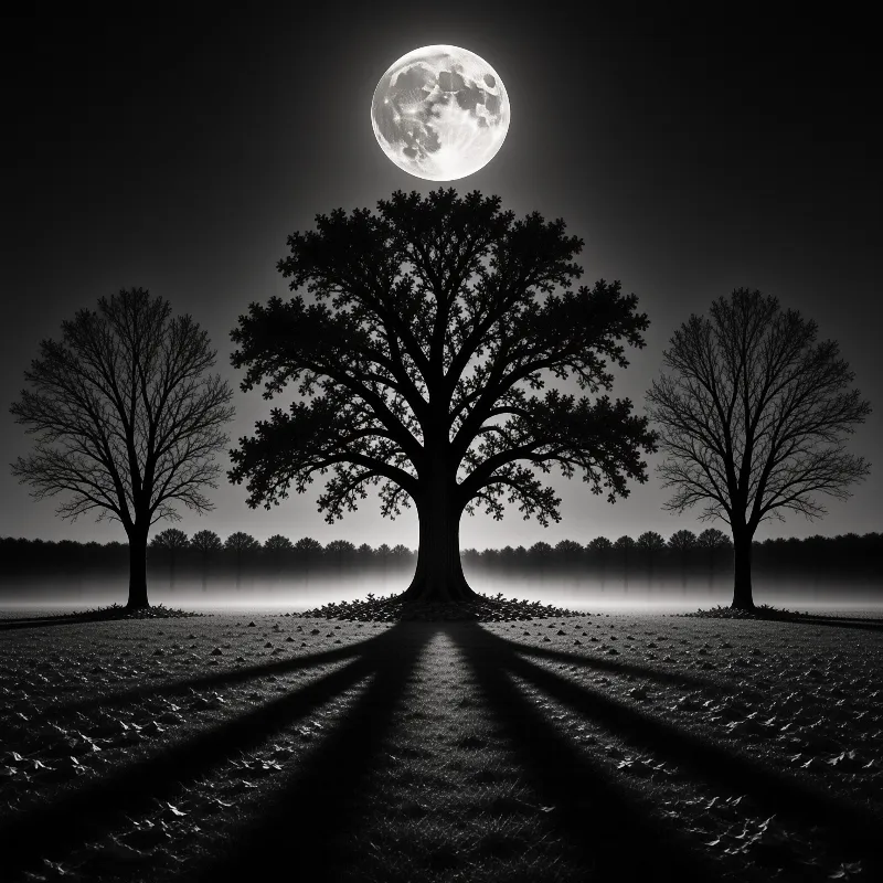 A large dark tree silhouette stands center frame flanked by bare trees under a bright moon above a foggy horizon line.