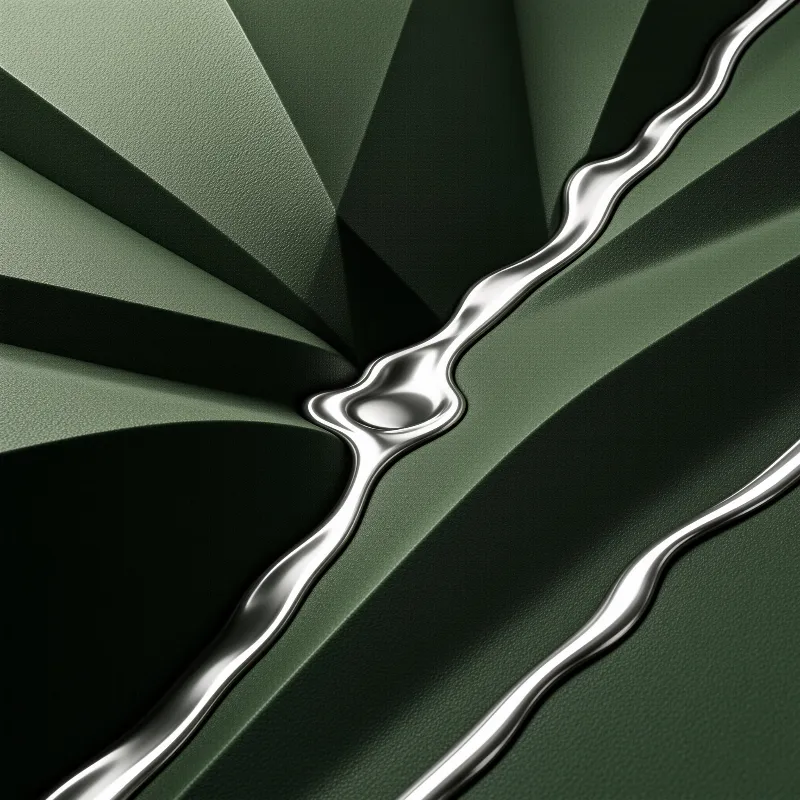 Wavy reflective silver strips cross dark green faceted surfaces, bright light highlights the smooth rounded metal contours.