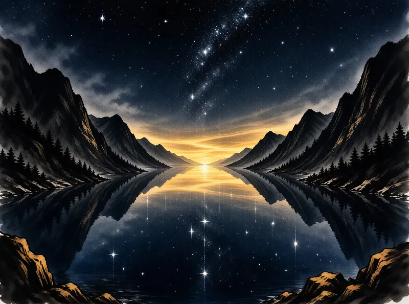 A calm lake mirrors a starry sky while flanked by dark mountain ranges and a glowing golden horizon at the center.