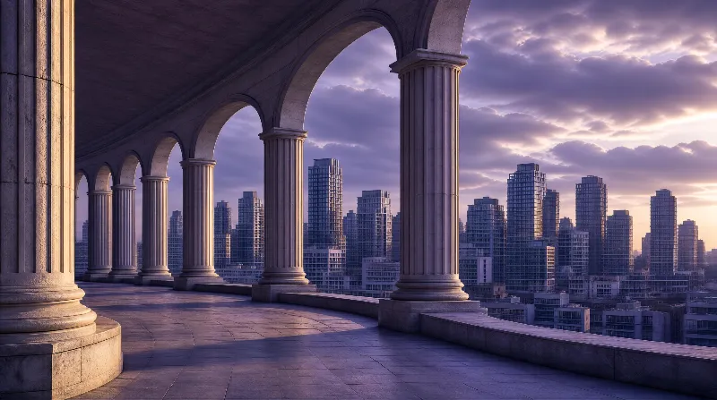 A stone colonnade with arched openings frames a modern city skyline under a purple and golden dusk sky.