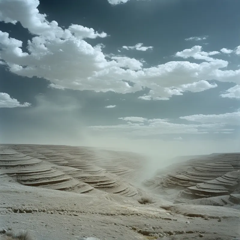 Layered eroded ridges stretch across an arid plain as a pale dust cloud drifts beneath a heavy blue-grey sky.
