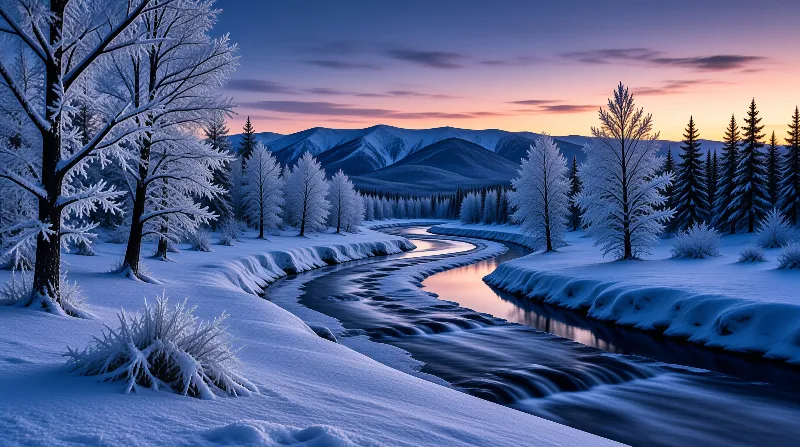 A winding river flows through a snow-covered forest during the blue hour, with the sky displaying hues of orange and pink that reflect on the water surface while trees stand tall on either bank under the distant mountains.