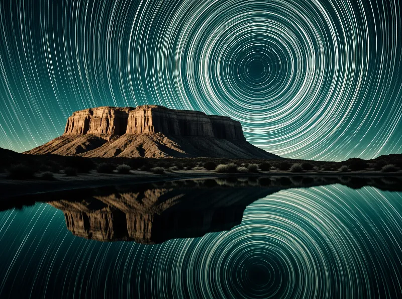 A massive desert rock formation stands beneath spiraling star trails reflecting in a calm dark lake.