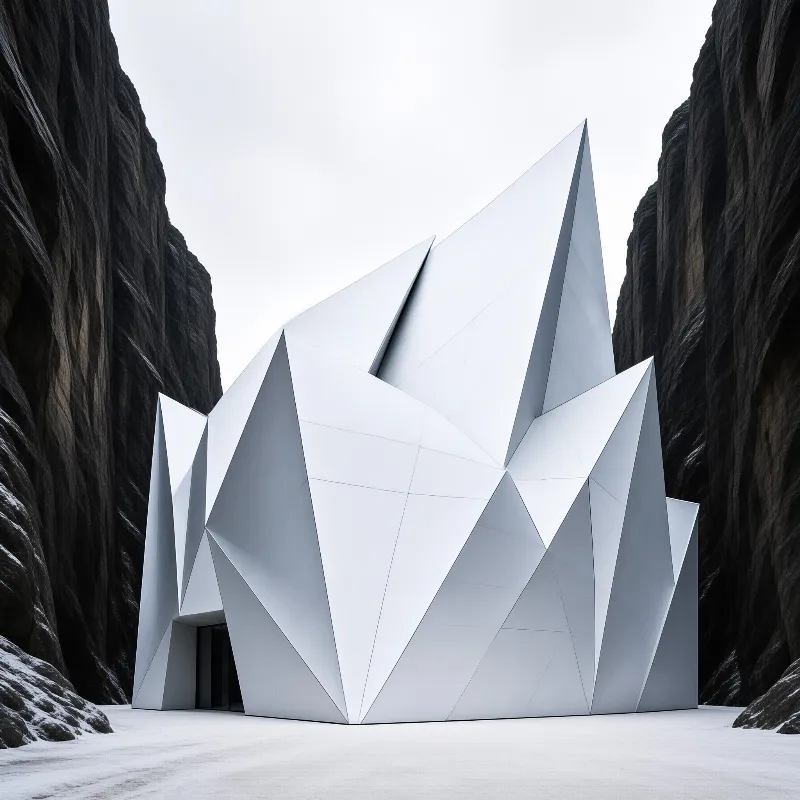 A sharply faceted white crystalline building rises between towering dark rock walls over a snowy floor.
