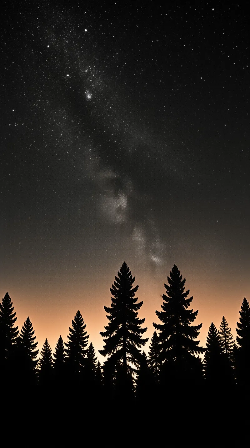 Dark pine tree silhouettes stand beneath a vast night sky filled with the Milky Way galaxy.
