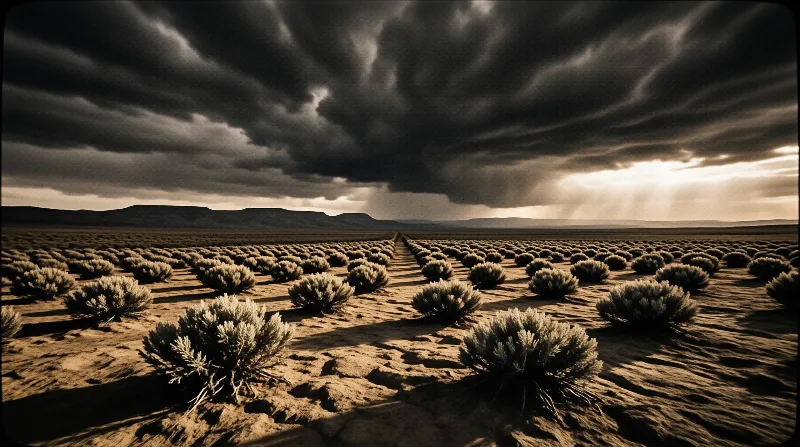 Rows of sagebrush dot an arid desert plain under rolling dark storm clouds with bright light rays breaking through.
