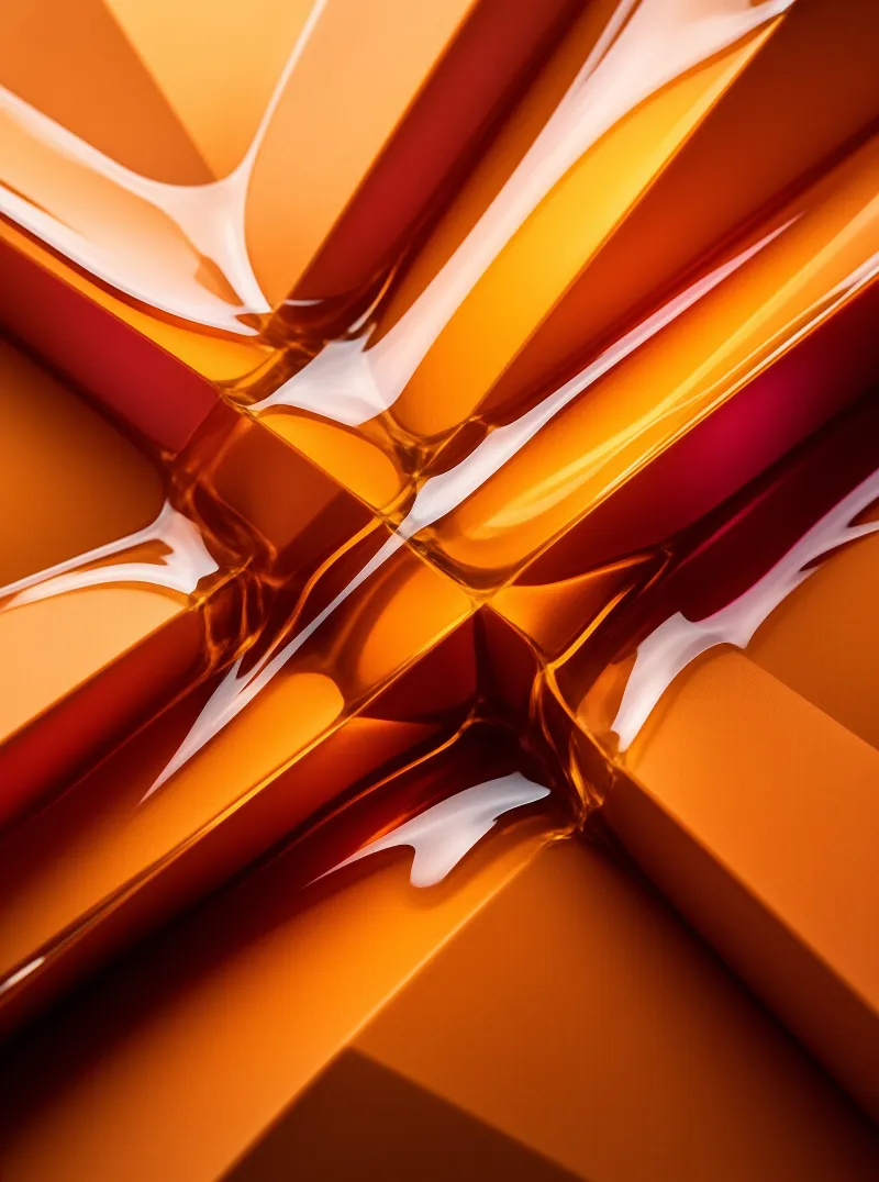 Abstract orange geometric shapes resembling liquid metal with sharp white highlights and smooth gradients.