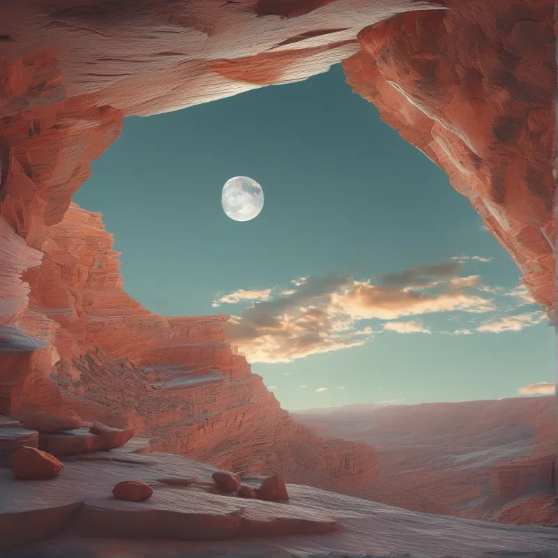 Looking out from inside a red sandstone arch towards a canyon with a bright moon and clouds.