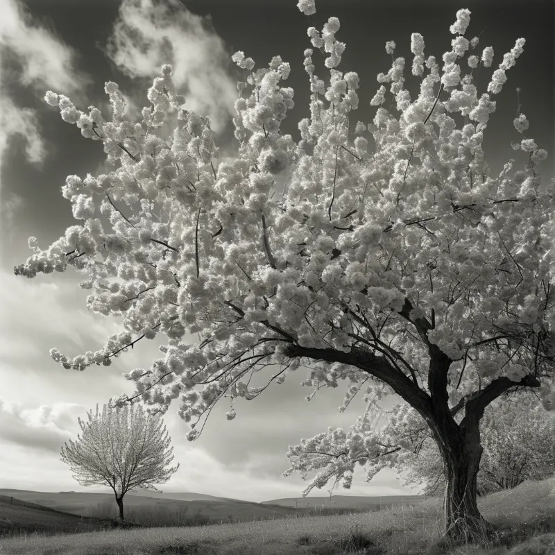 A monochrome view of a heavily blooming tree dominating a grassy landscape with rolling hills and a cloudy sky.