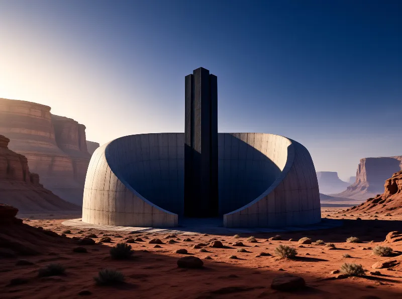 A sweeping white concrete wall curves around a tall dark monolith on rust-colored desert sand at low sun.