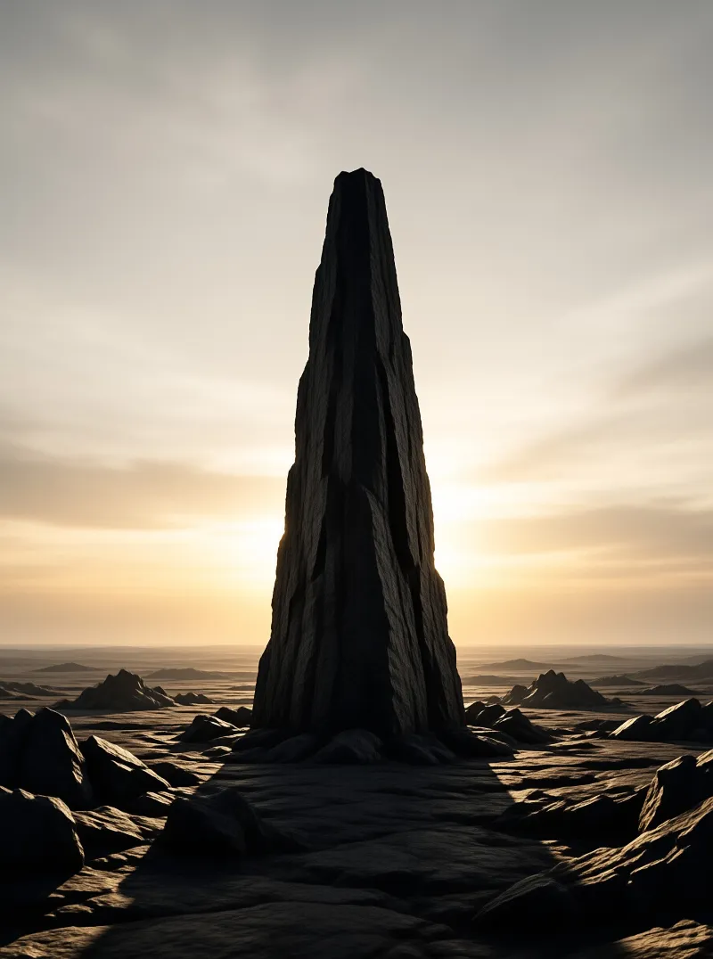 A solitary dark stone monolith stands tall in a barren rocky desert beneath a hazy golden sky